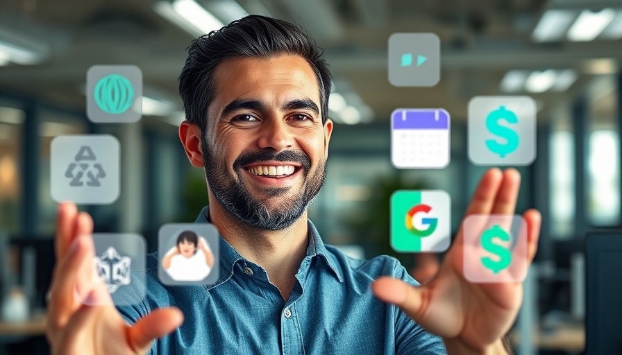 AI agents concept with app logos and smiling person.