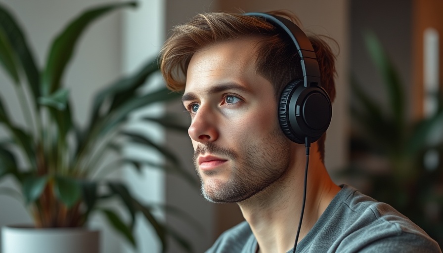 Man using headphones to learn how to read 100 books a year, focused expression.