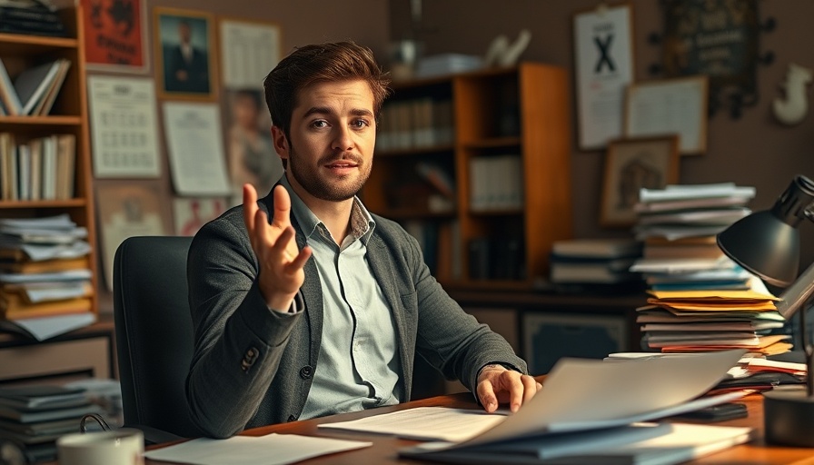 Young man discussing ideas at a desk, liminal space, warm lighting.