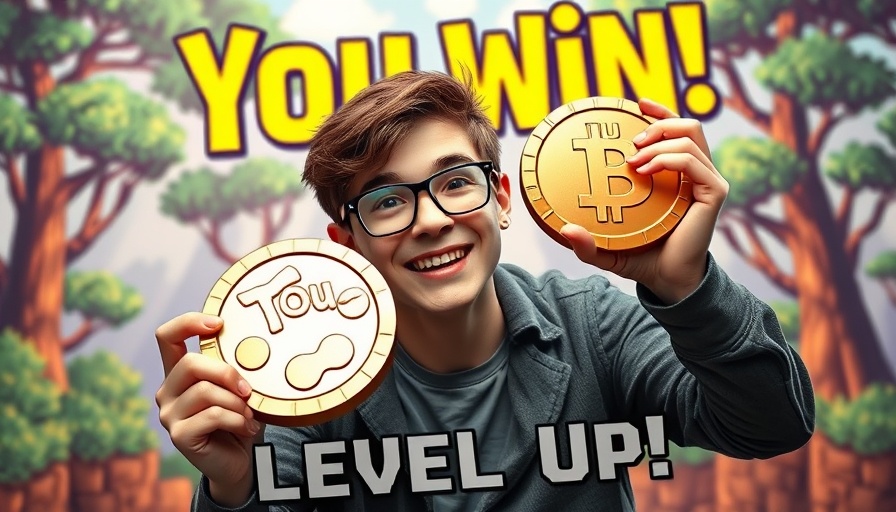 Playful young man with cartoon coin in video game scene, 'Getting Rich is a Game'.