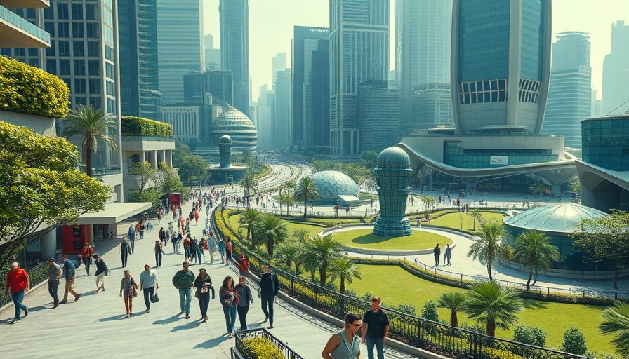 Futuristic city with diverse people exploring urban AI advancements.