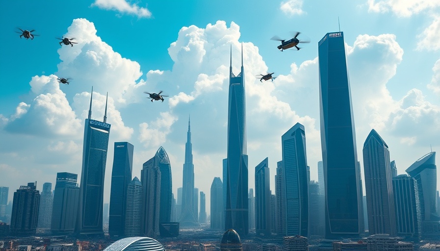 Futuristic skyline AI revolution concept with advanced skyscrapers.