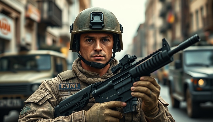 Military deployment in urban setting addressing protests, soldier in focus.