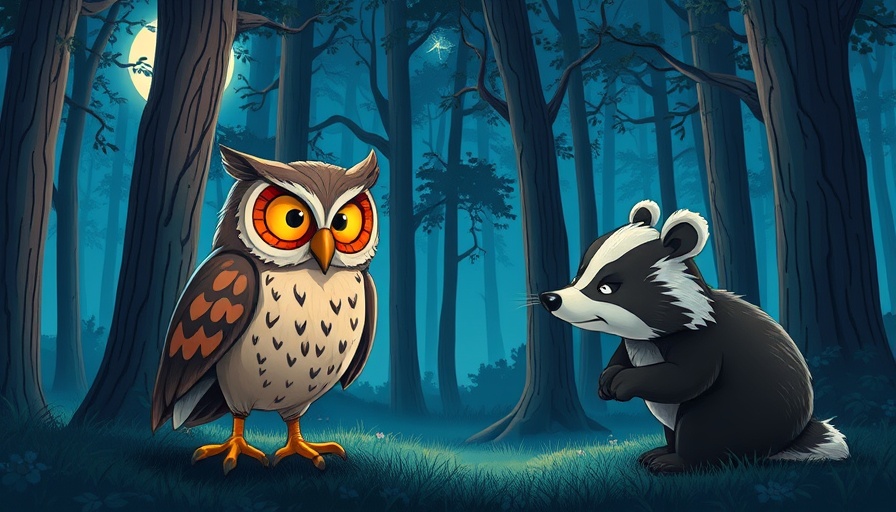AI and Interactive Storytelling in a whimsical forest setting with owl and badger.