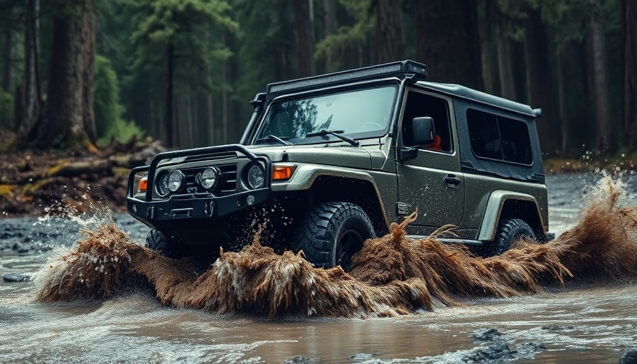 Veo 3 Off-Road Vehicle navigating muddy terrain in a forest.