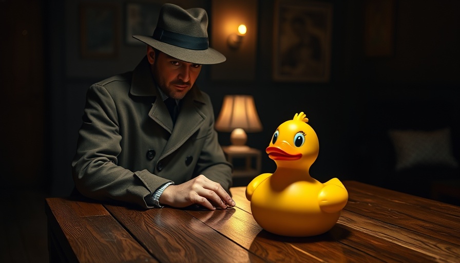 Detective interrogating rubber duck in dim light, AI-driven interrogations.