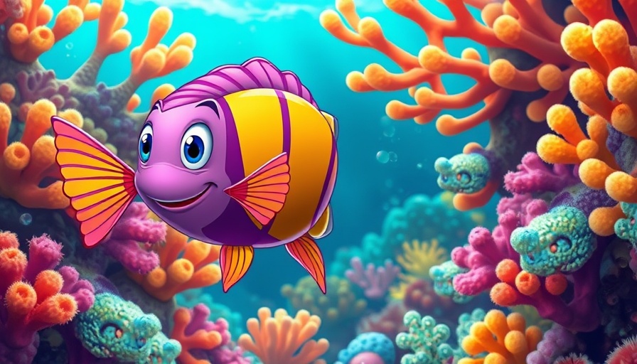 Colorful cartoon fish swimming through vibrant coral reef in whimsical style.