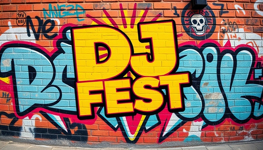 AI event planning app Gemini, vibrant DJ fest flyer on graffiti wall.
