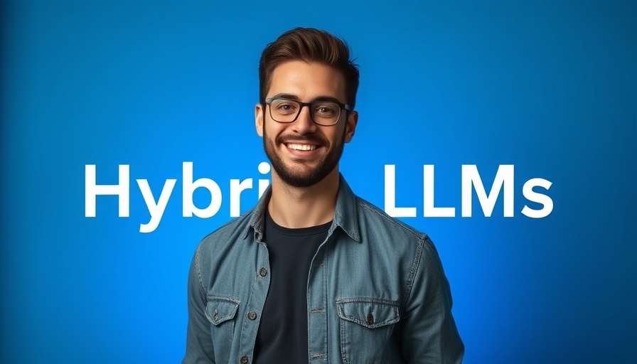Confident man with text 'Hybrid LLMs' on a blue background