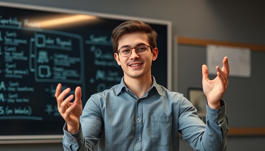 Confident young man explaining AI concepts on digital blackboard.