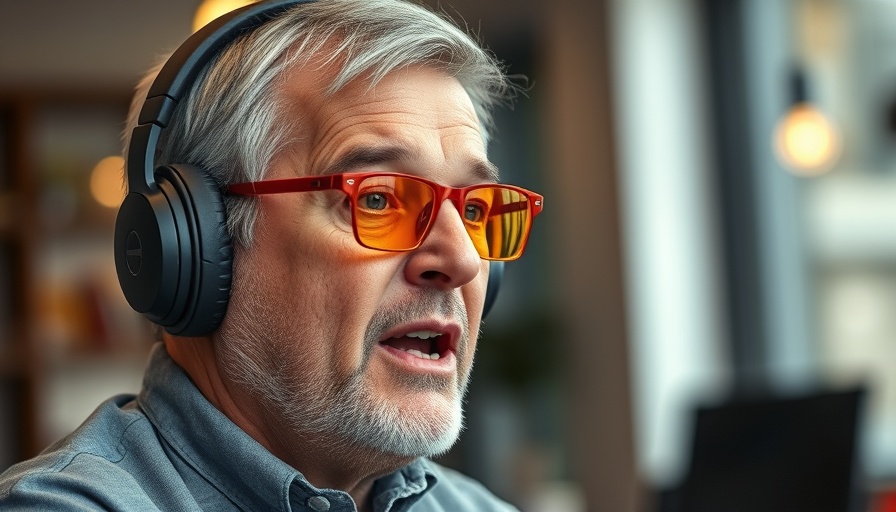 Man discussing AI policy indoors, wearing headphones.