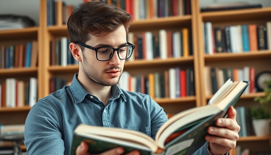 Young man recommending productivity books in home office.