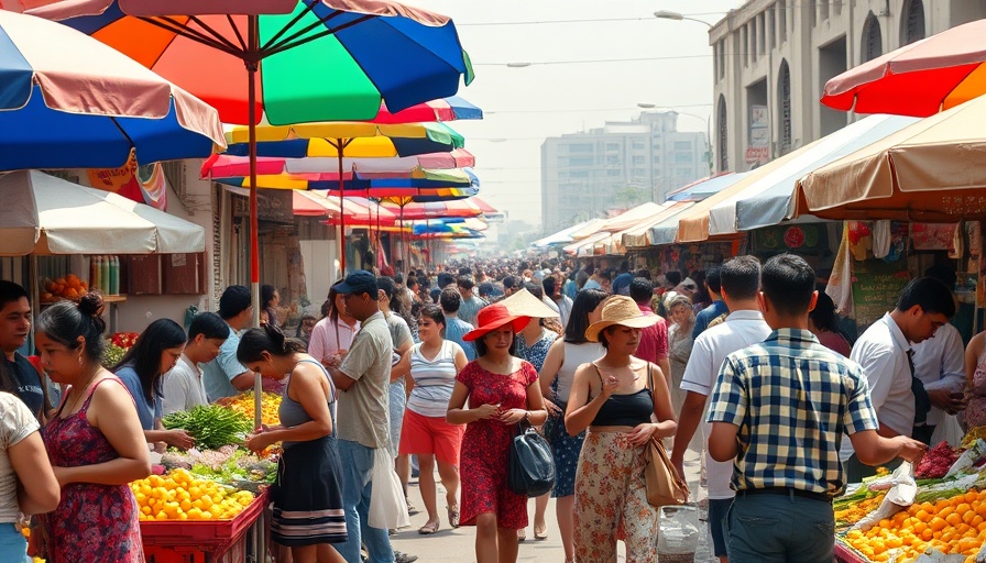 Bustling market scene highlighting rising costs of rams and chickens.