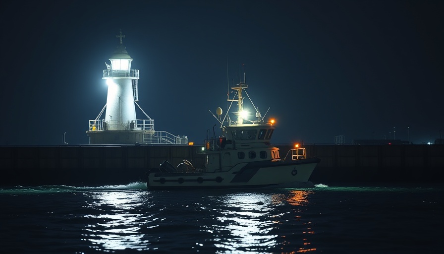 Madleen aid boat detained at night harbor near lighthouse.