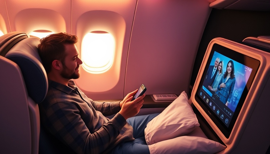 First-class airline seat, relaxed traveler with phone, warm lighting.