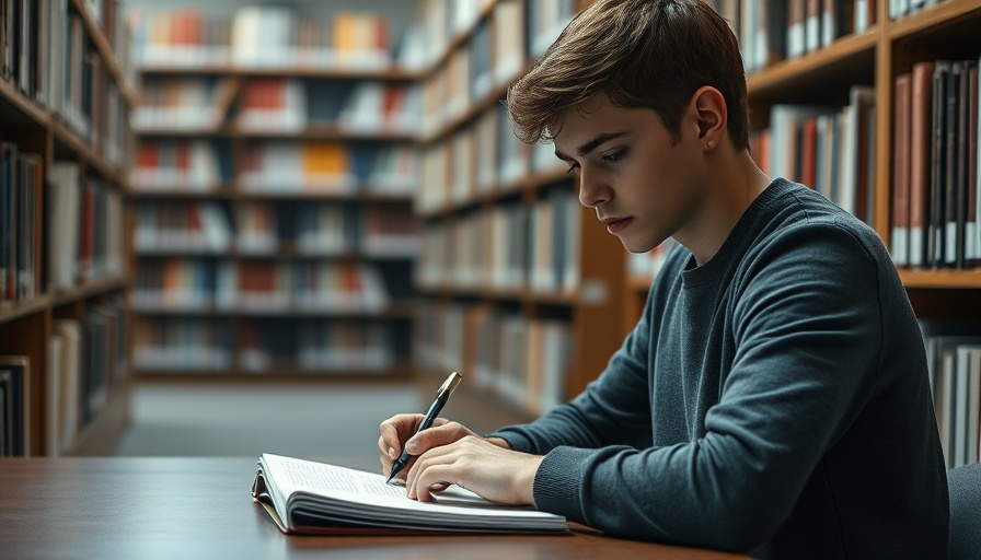 Student studying in university library focusing on a book.
