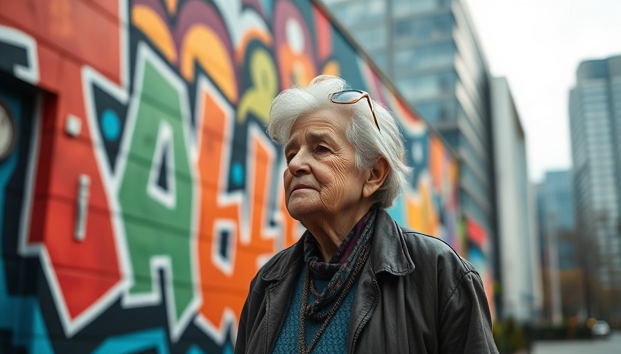 Elderly woman in urban area highlights cycle of poverty issues.