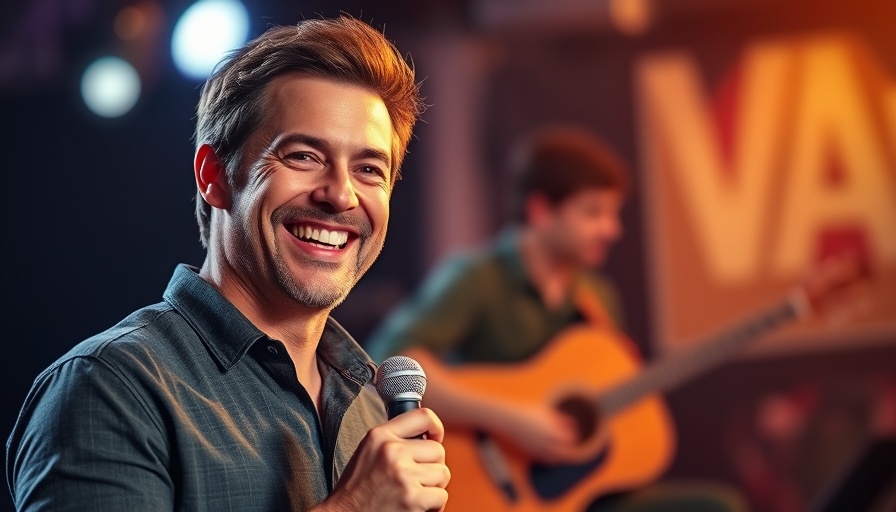 Guitar Hero Origin Story: Smiling man presenting with guitar background.