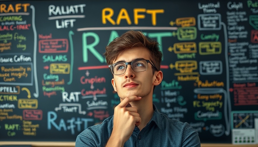 Contemplative man with RAFT diagrams on blackboard.
