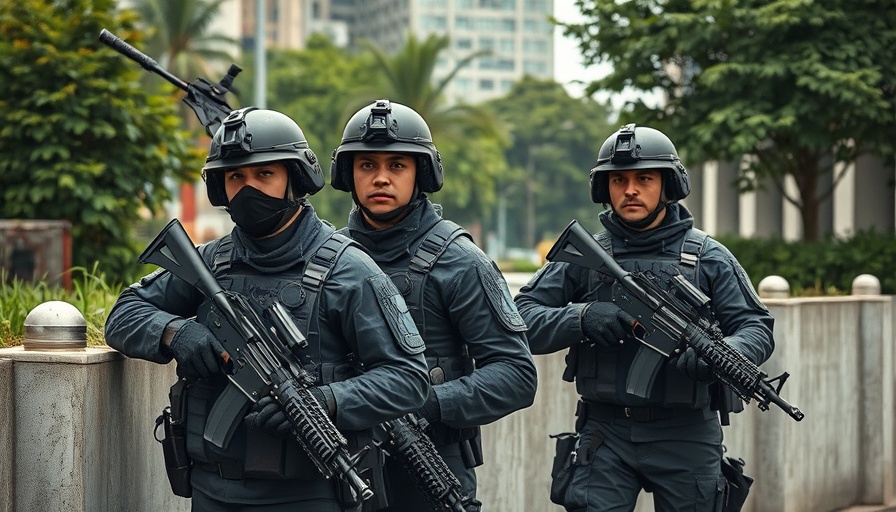 Armed soldiers on alert after Colombia explosions, guarding checkpoint.
