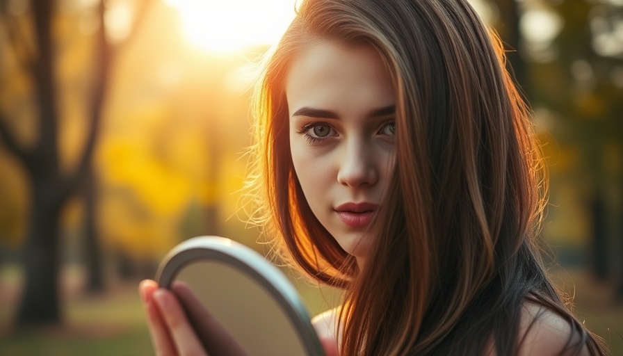 Pretty young woman checking makeup in mirror outside.