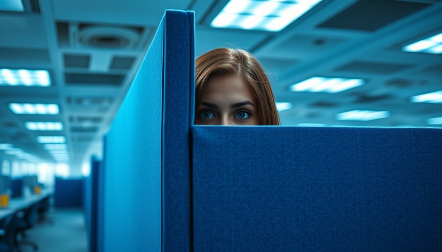 Curious woman peeking over a blue cubicle in an office, representing ethical eavesdropping in trade.