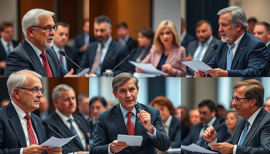 Collage of political figures in animated coalition talks.