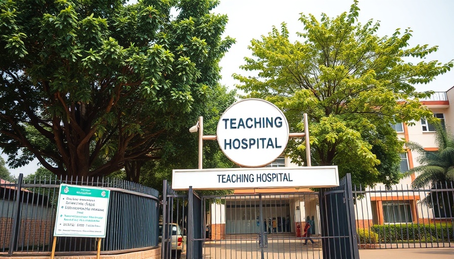 Teaching hospital entrance in Nigeria for kidney transplant services.