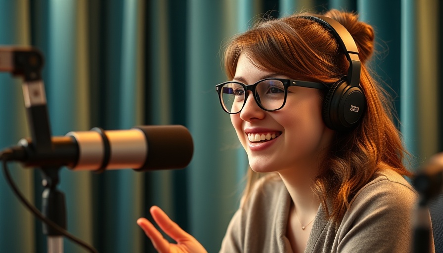 Young woman at podcast table discussing Guitar Hero's Origin.