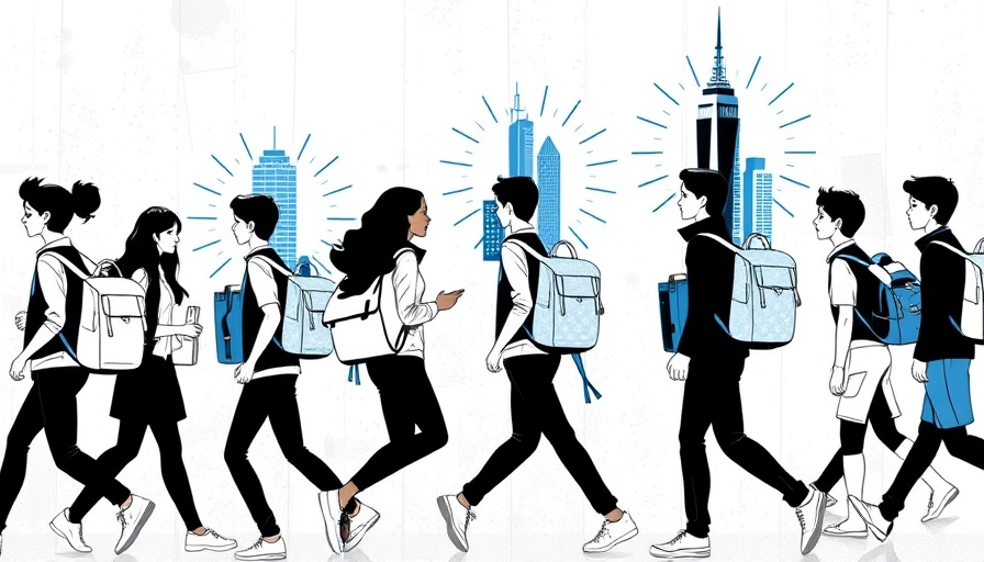 Creative students carrying skyscrapers in backpacks, symbolizing innovation.