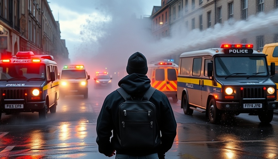 Protestor facing water cannon during unrest in Northern Ireland.