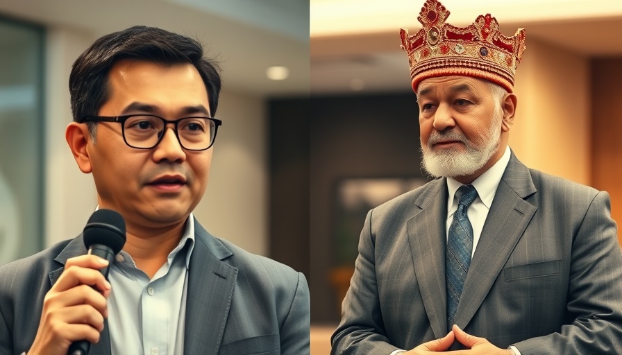 Split image: two men, one with microphone, another in traditional attire, news overlay.