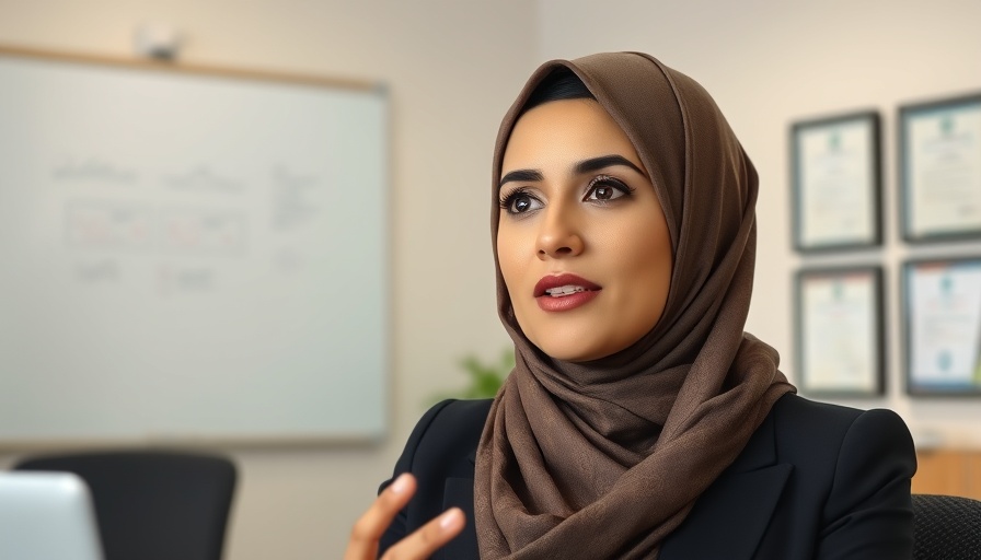 Professional woman speaking in office, relevant to Apple's AI and Privacy.