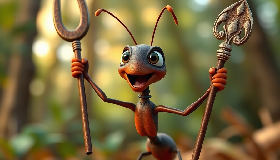 Vivid animated ant character raising a staff excitedly, Unreal Engine Animation 2025.