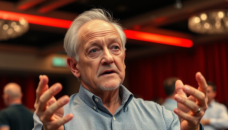 Older man speaking at an event with focused hands in motion.