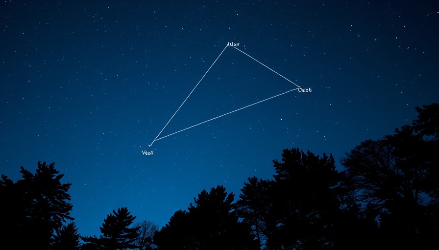 Summer Triangle constellation at night with stars Altair, Vega, Deneb.