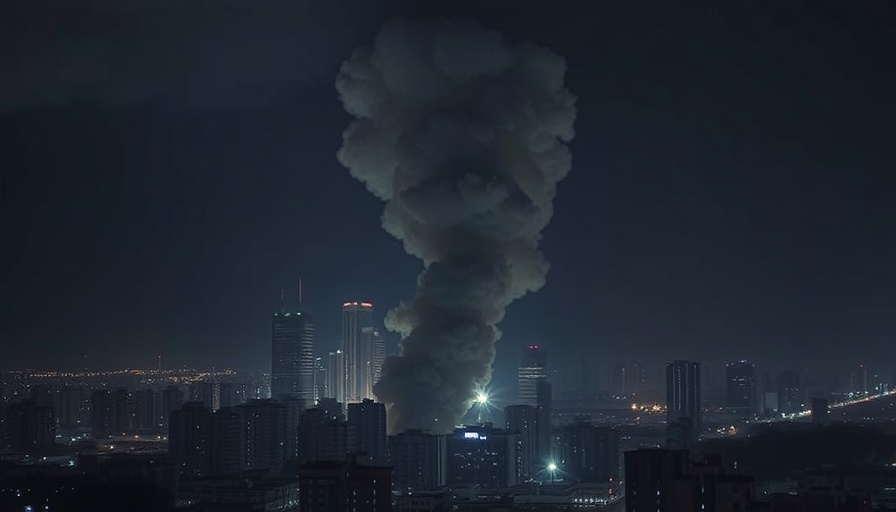 Iran missile attack on Israel, cityscape with rising smoke, nighttime conflict.
