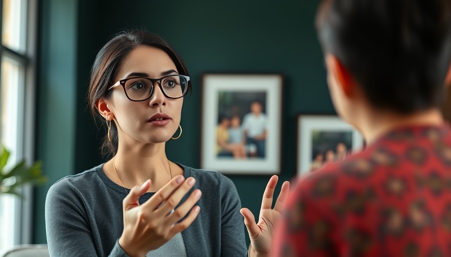 Young woman discussing indoors with glasses and green sweater.