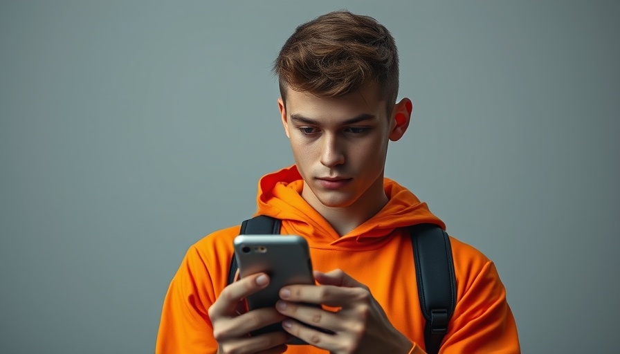 Focused young man in orange sports gear using smartphone.