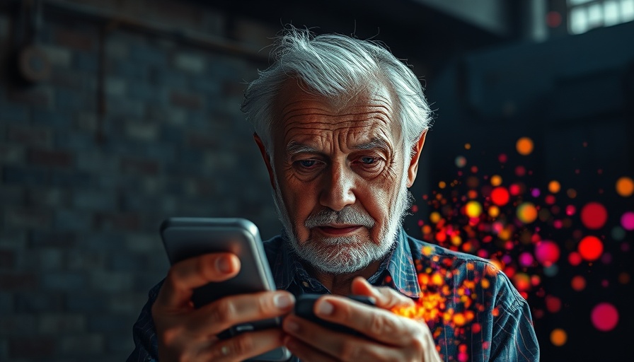 Elderly man experiencing information overload as colorful digital particles flow from a smartphone.