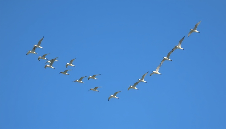 Flock of birds in V formation under blue sky, AI video creation tools for kids