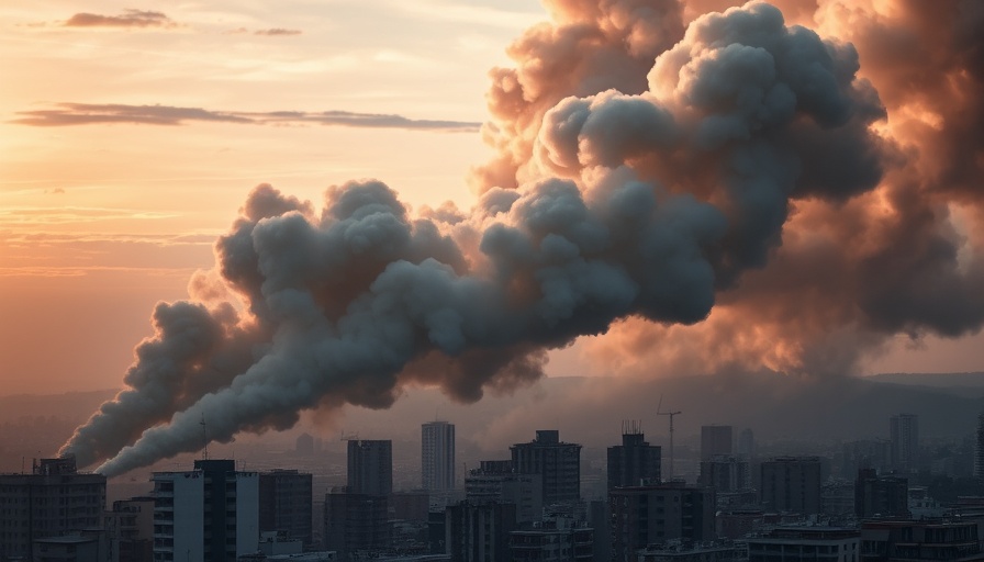 Urban landscape with smoke, illustrating Israel-Iran conflict.