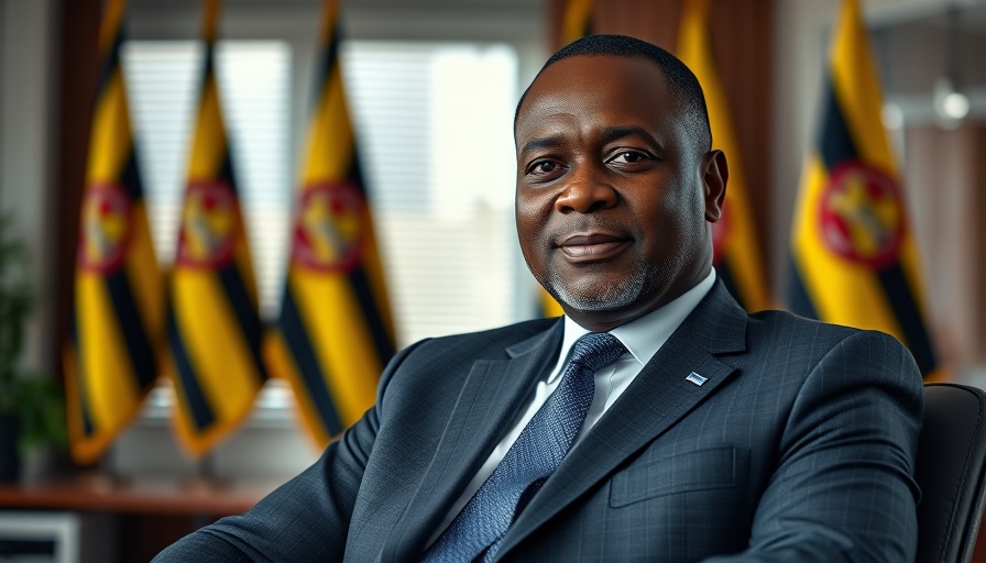Professional Ugandan businessman seated in office, depicting economic growth