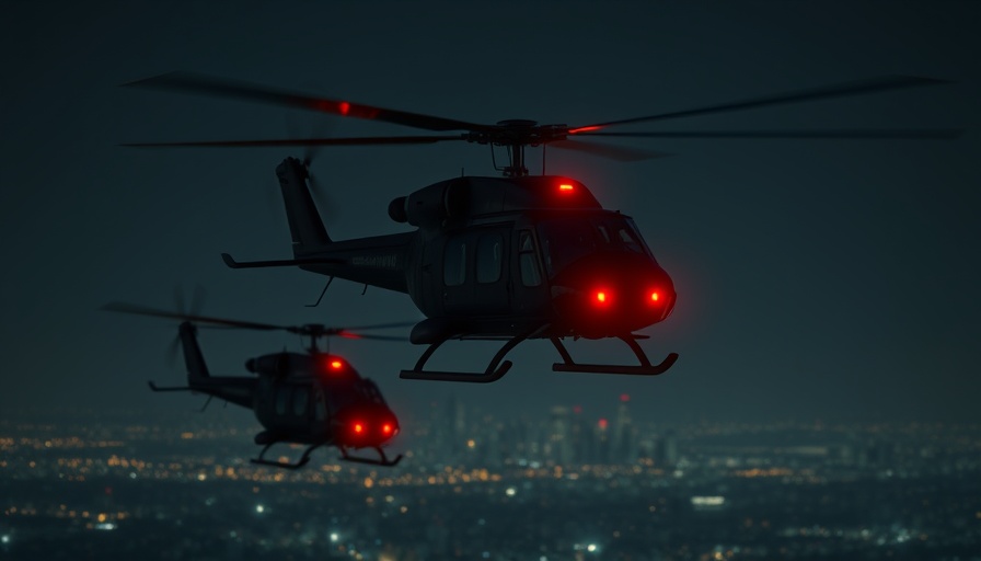 Military aircraft flying over US city at night with red lights.