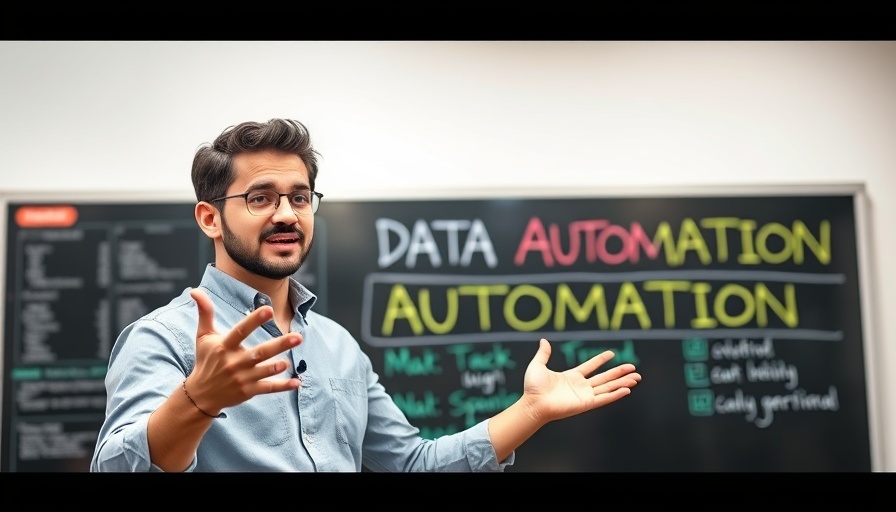 Young man discussing data automation, educational backdrop.