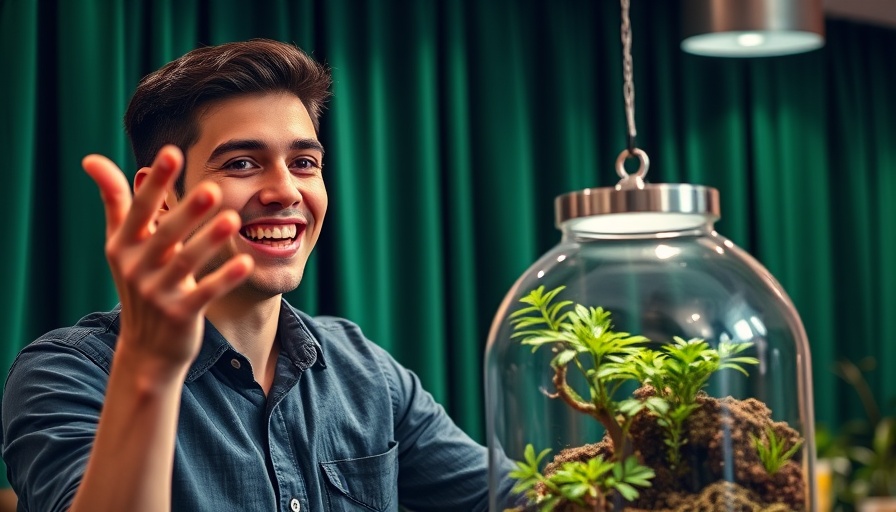 Enthusiastic presenter with terrarium explaining acetic acid in educational setup.
