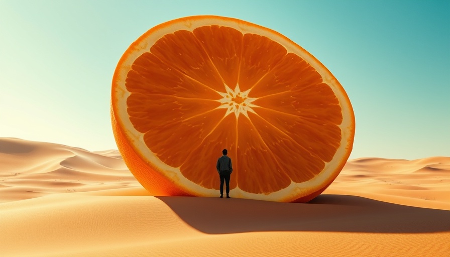Surreal giant orange in desert, creative AI video concept for kids.