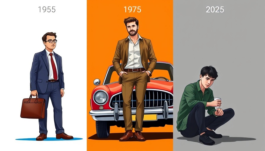 Illustration of a man's societal journey from 1955 to 2025.