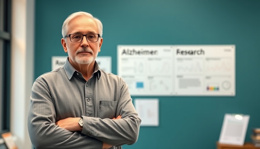 Middle-aged man discusses Alzheimer's test findings in academic setting.