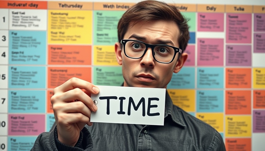 Young man with glasses holding a time card amid colorful schedule for productivity.